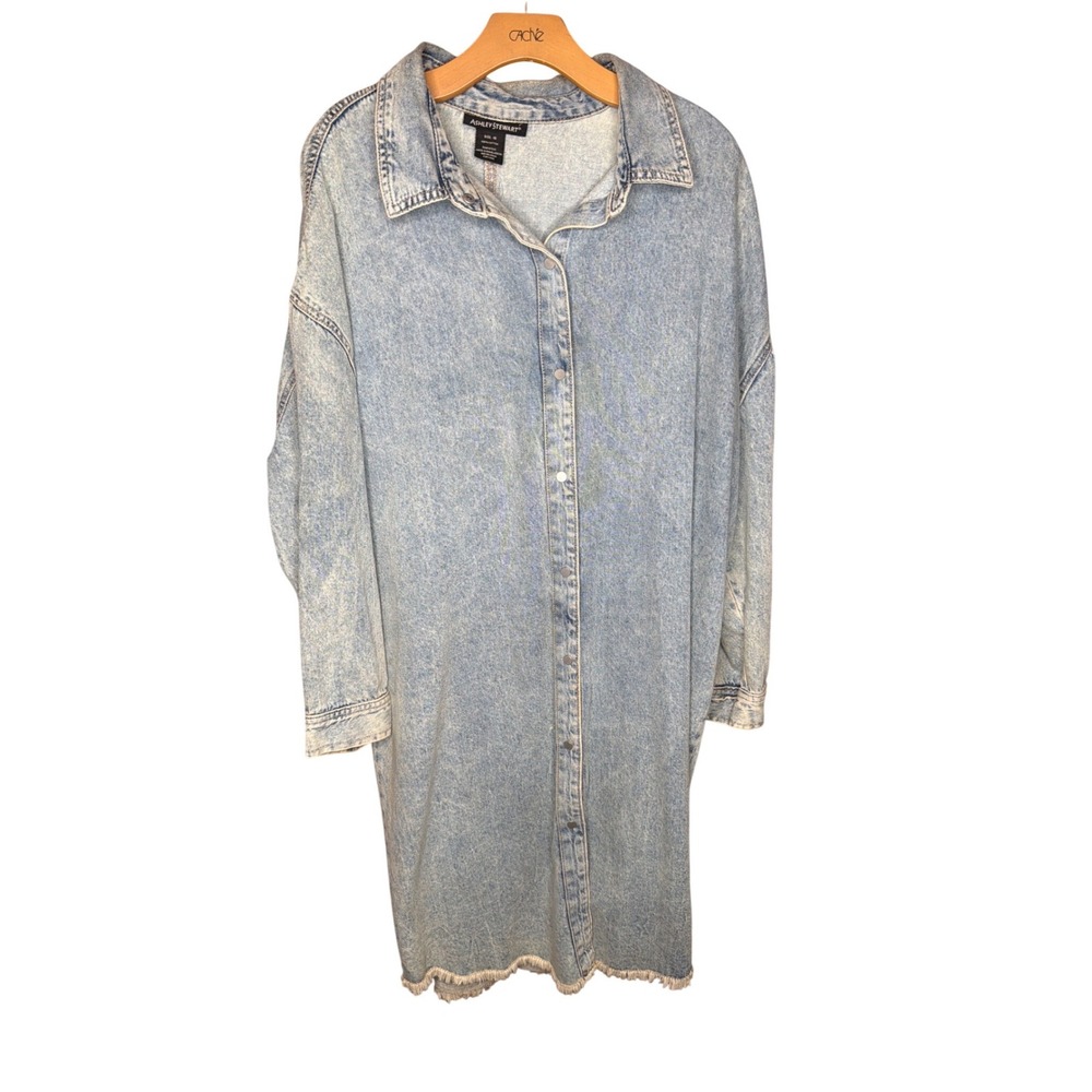 Ashley Stewart Light Wash Denim‎ Shirt Dress Size 16 Distressed Frayed Hem Midi